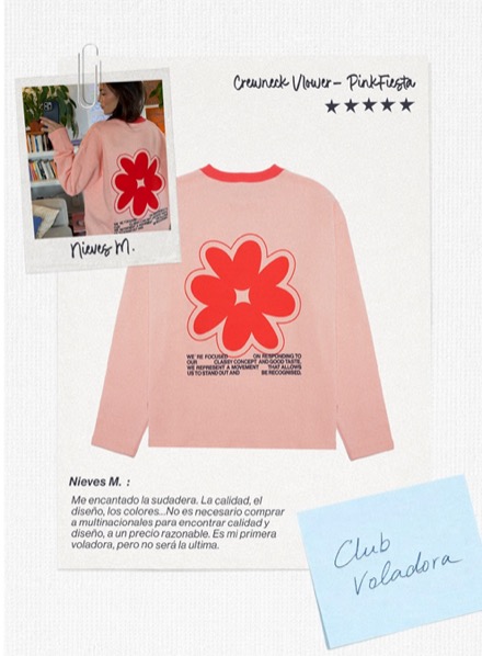 Anuncio de Voladora: collage con la sudadera, una foto de clienta y su reseña de cinco estrellas
