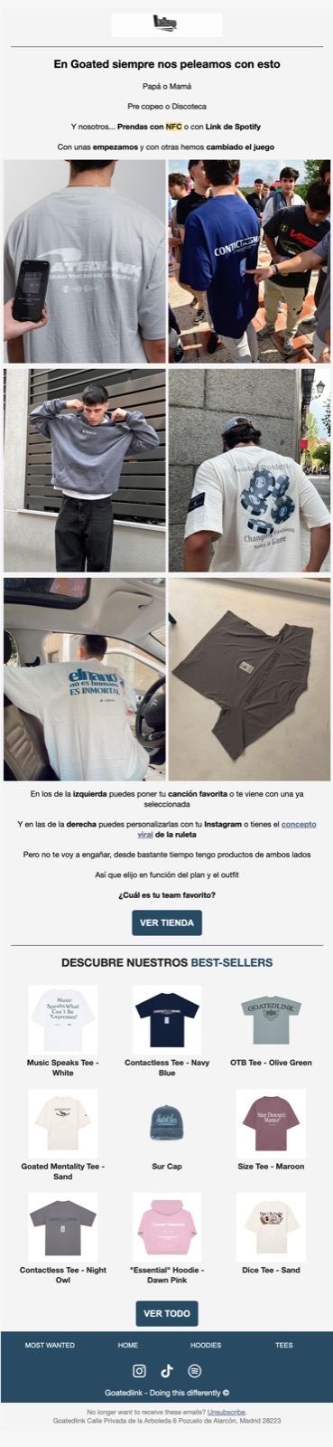 Email de Goated sobre sus prendas con NFC, con fotos de clientes llevándolas