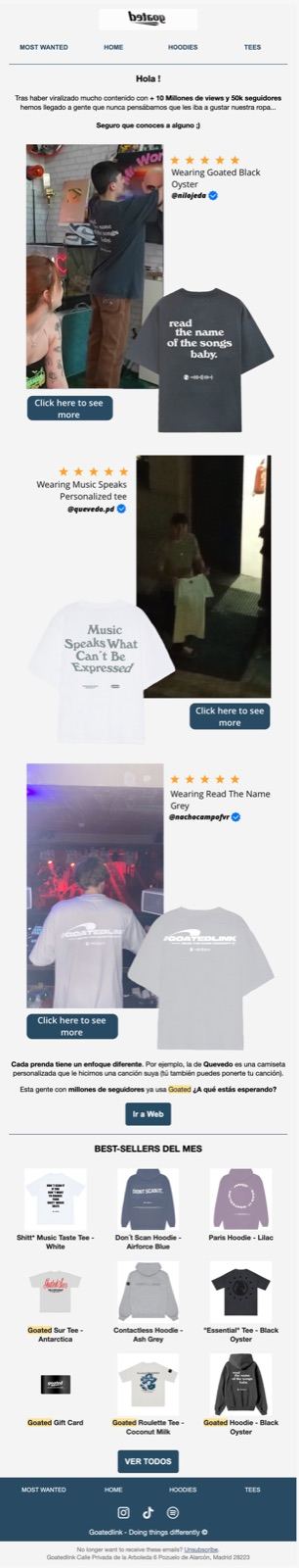 Email de Goated con camisetas de la colección y reseñas de clientes