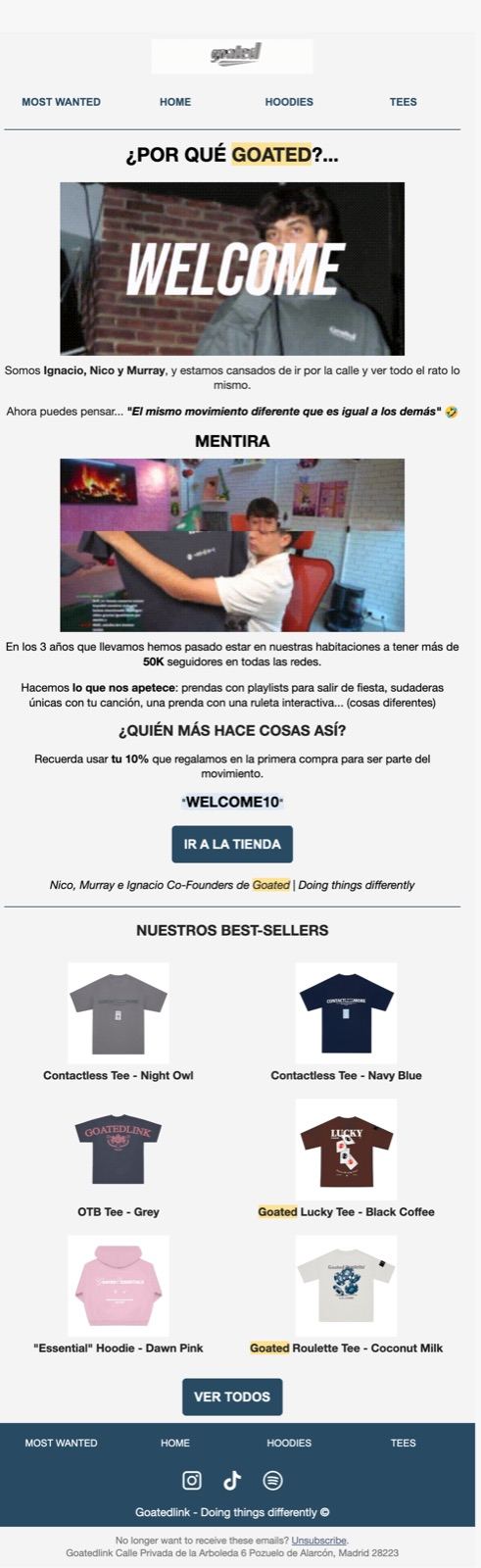 Email de bienvenida de Goated: por qué Goated, quiénes son los fundadores y sus camisetas más vendidas