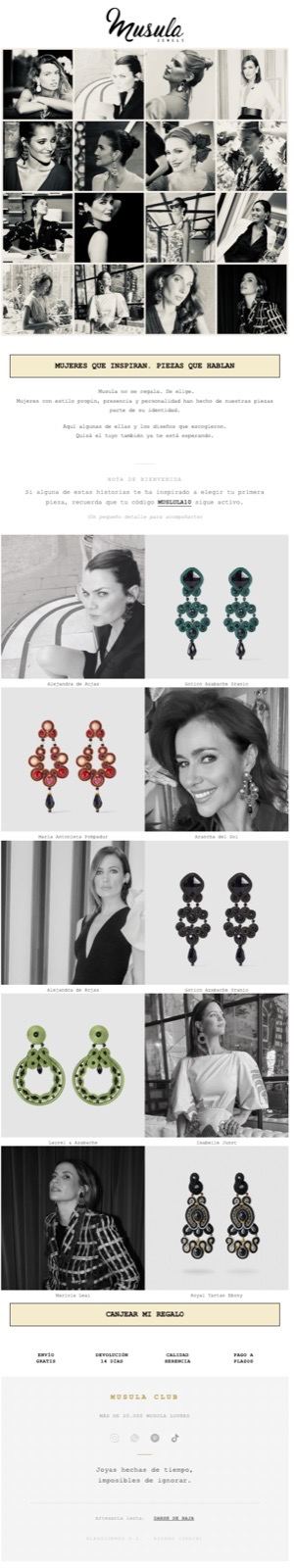 Email de Musula Jewels con fotos en blanco y negro, pendientes artesanales y un regalo para canjear