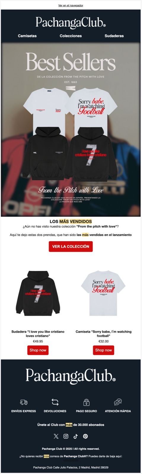 Email de Pachanga Club con los más vendidos de su colección futbolera