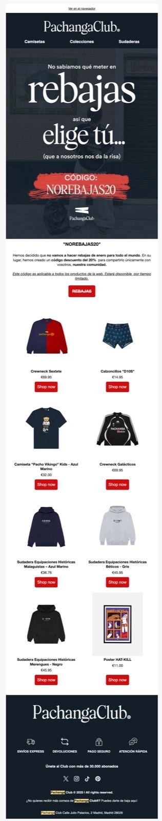 Email de rebajas de Pachanga Club en un móvil, con el código de descuento y las prendas destacadas