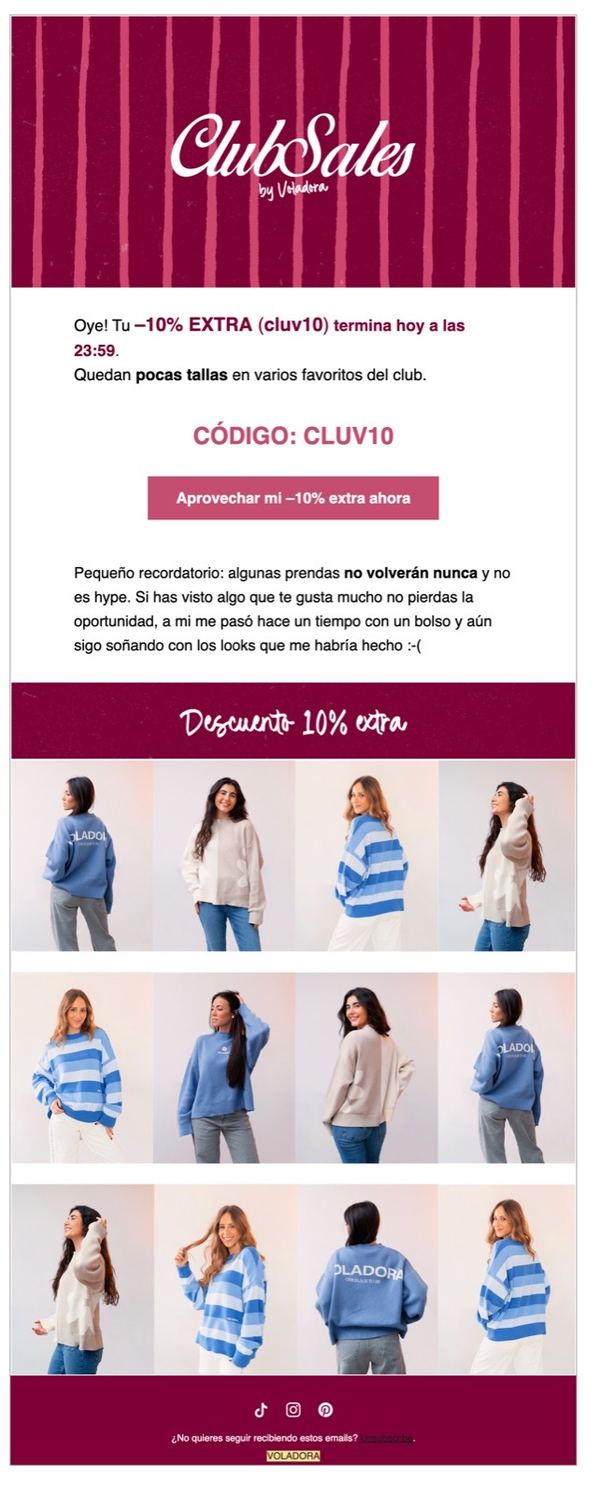 Email de Voladora para su club: código de descuento extra que caduca hoy y prendas del club