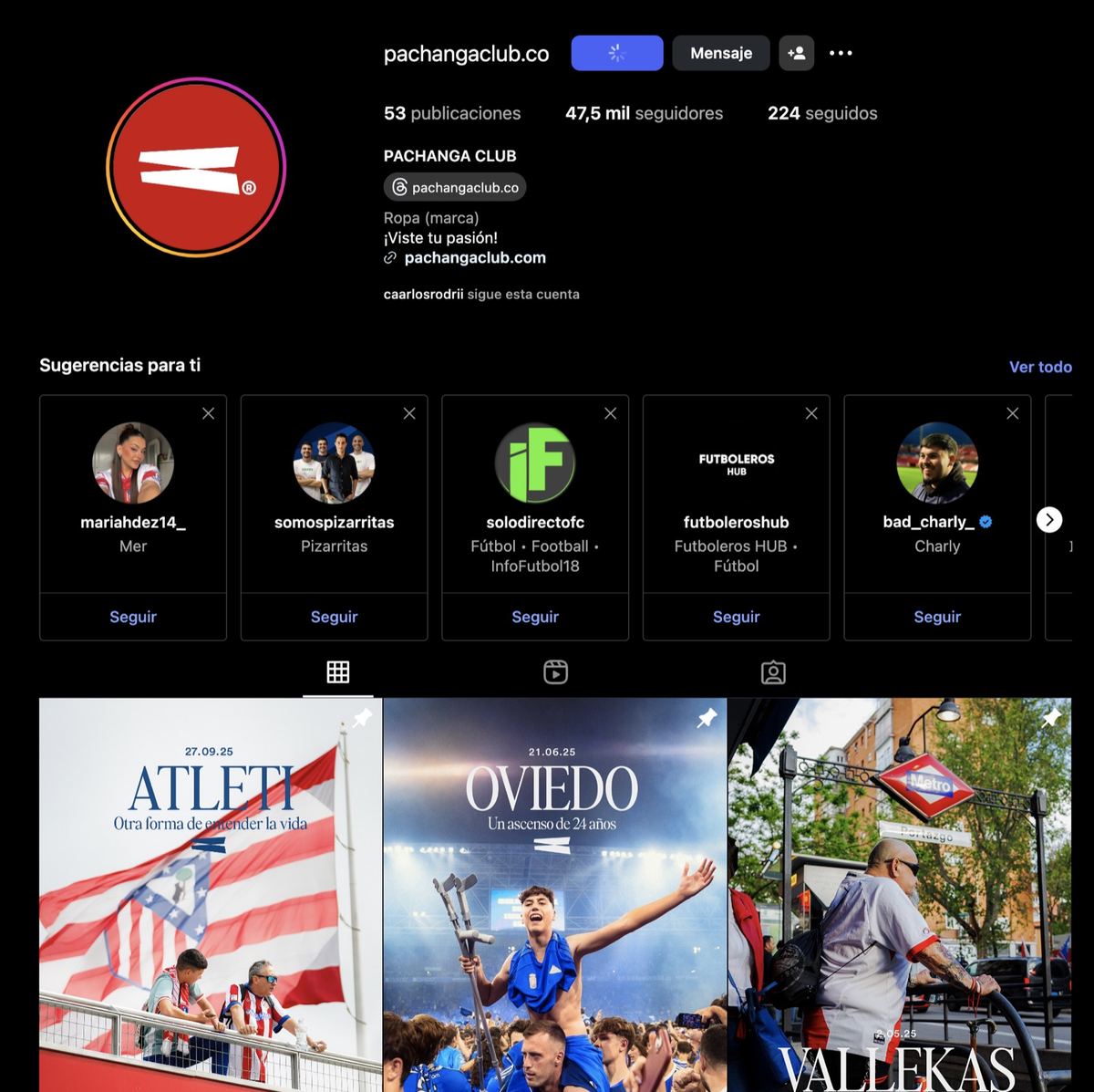Perfil de Instagram de Pachanga Club con publicaciones de fútbol de Atleti, Oviedo y Vallecas