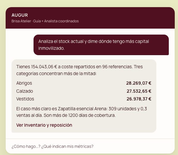 Conversación con AUGUR: pregunta dónde hay más capital inmovilizado en stock y responde con importes por categoría