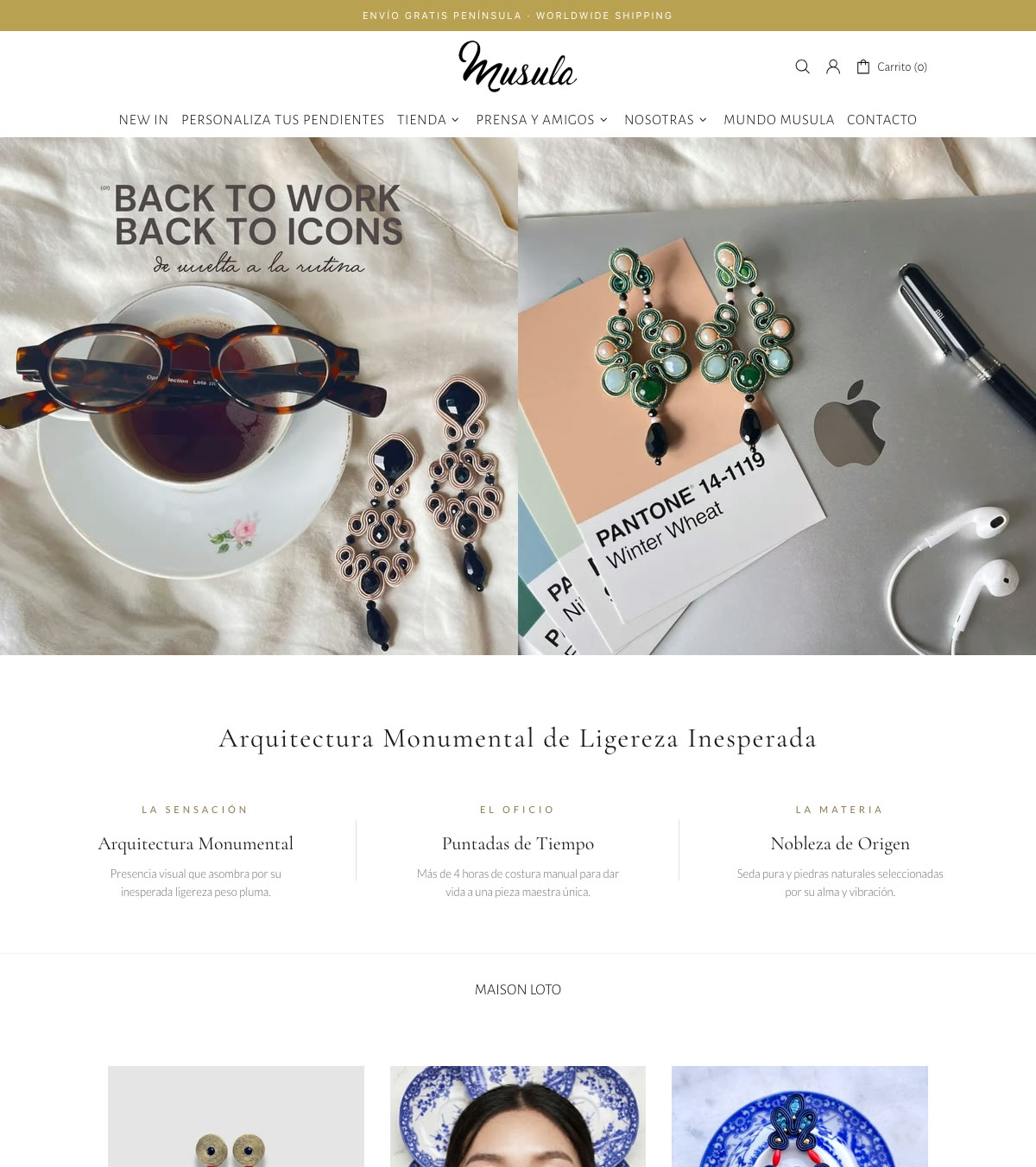 Web de Musula Jewels en escritorio: pendientes de soutache artesanal y el texto Arquitectura Monumental de Ligereza Inesperada