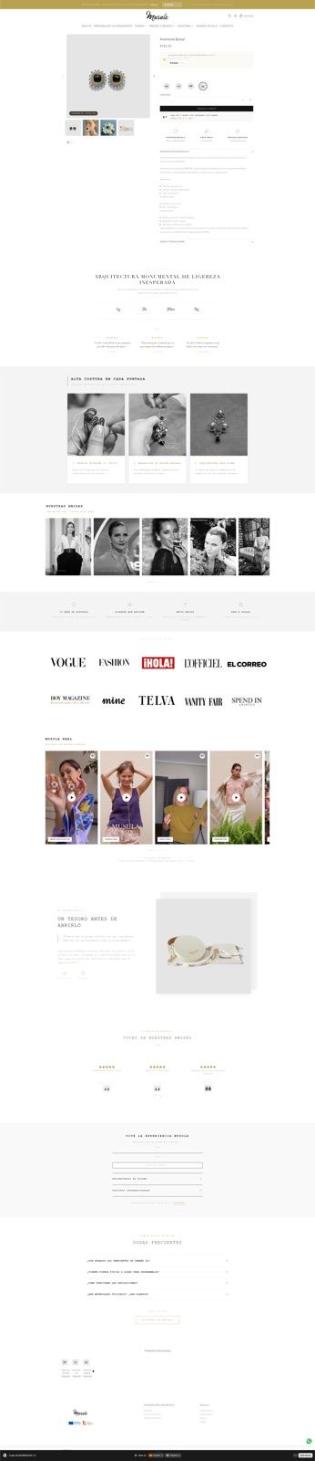 Página de producto de Musula Jewels en el móvil: pendientes de soutache, galería, reseñas y apariciones en prensa