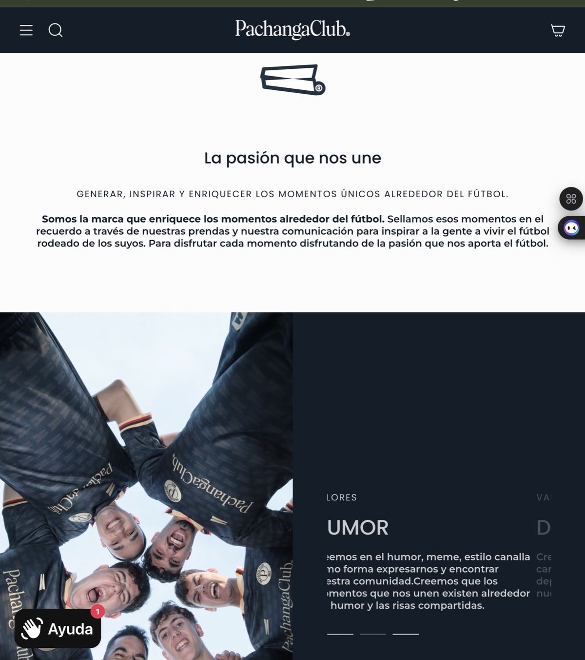 Web de Pachanga Club en escritorio: La pasión que nos une, con jugadores abrazados con la camiseta de la marca