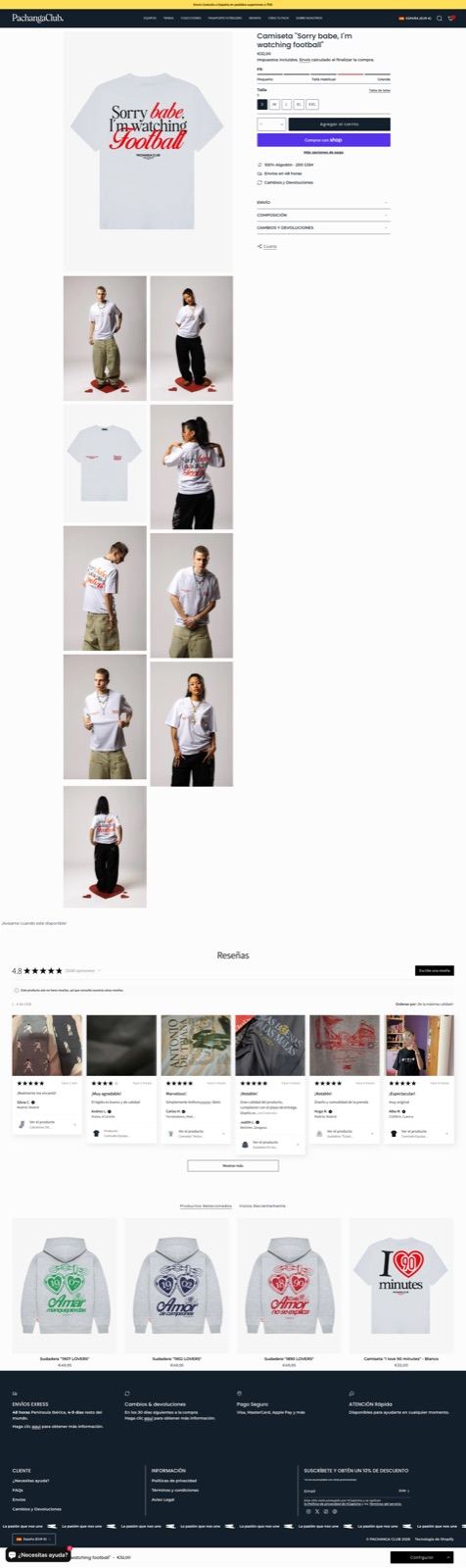 Ficha de producto de Pachanga Club en el móvil: camiseta con fotos, tallas y botón de compra