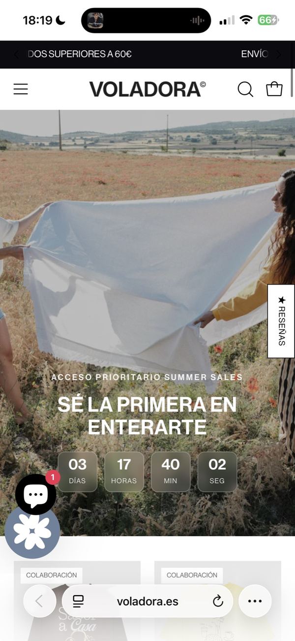 Web de Voladora en el móvil con cuenta atrás para el acceso prioritario a rebajas