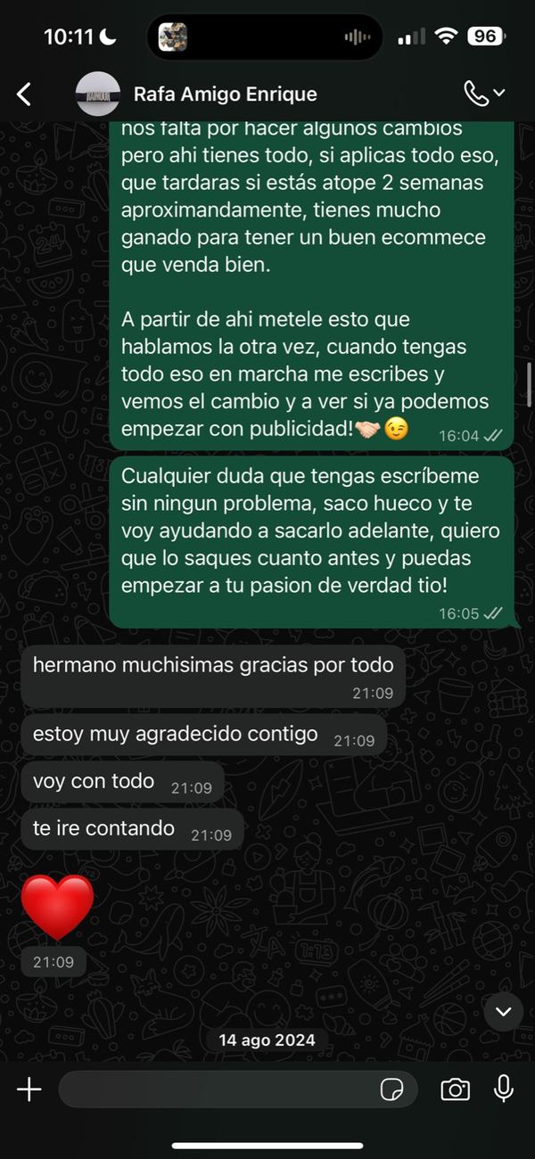 WhatsApp de Rafa, fundador de Raimour, contando su experiencia con Desmarq