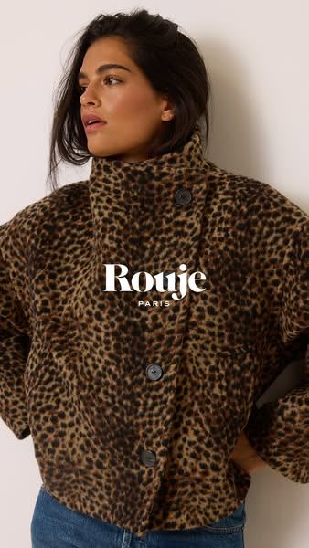 Anuncio de Rouje: modelo con abrigo de leopardo y el logo de la marca encima