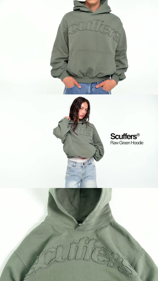 Anuncio de Scuffers dividido en tres: la sudadera verde de frente, puesta y en detalle